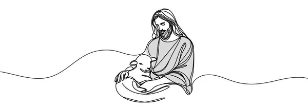 Jézus Krisztus Folyamatos Rajza Amint Bárányt Tart Karjában Stock Illusztrációk