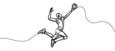 Aralıksız bir çizgi, genç profesyonel bir voleybol oyuncusunu sahada topa hizmet ederken resmediyor.