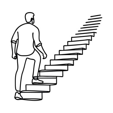 Sürekli tek çizgi çizimi. İşadamı kaleye doğru merdivenleri çıkıyor.