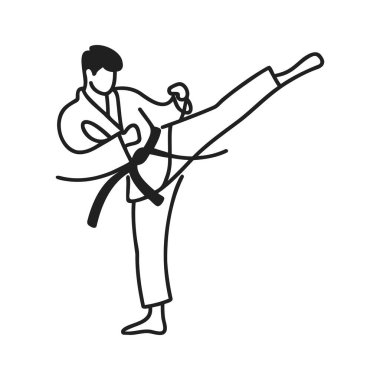 Kimonolu bir karateka ile karate dövüşü yapan genç bir adamın sürekli çizimi. Bir satır. Vektör illüstrasyonu.