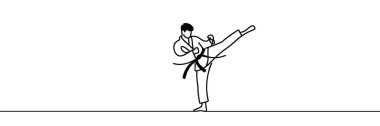 Kimonolu bir karateka ile karate dövüşü yapan genç bir adamın sürekli çizimi. Bir satır. Vektör illüstrasyonu.