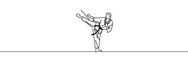 Kimonolu bir karateka ile karate dövüşü yapan genç bir adamın sürekli çizimi. Bir satır. Vektör illüstrasyonu.