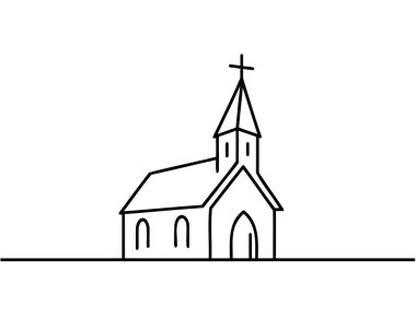 Kilise sürekli çizim tarzında. Minimalist siyah çizim beyaz arka planda izole edildi. Vektör illüstrasyonu.
