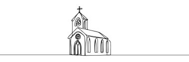 Kilise sürekli çizim tarzında. Minimalist siyah çizim beyaz arka planda izole edildi. Vektör illüstrasyonu.