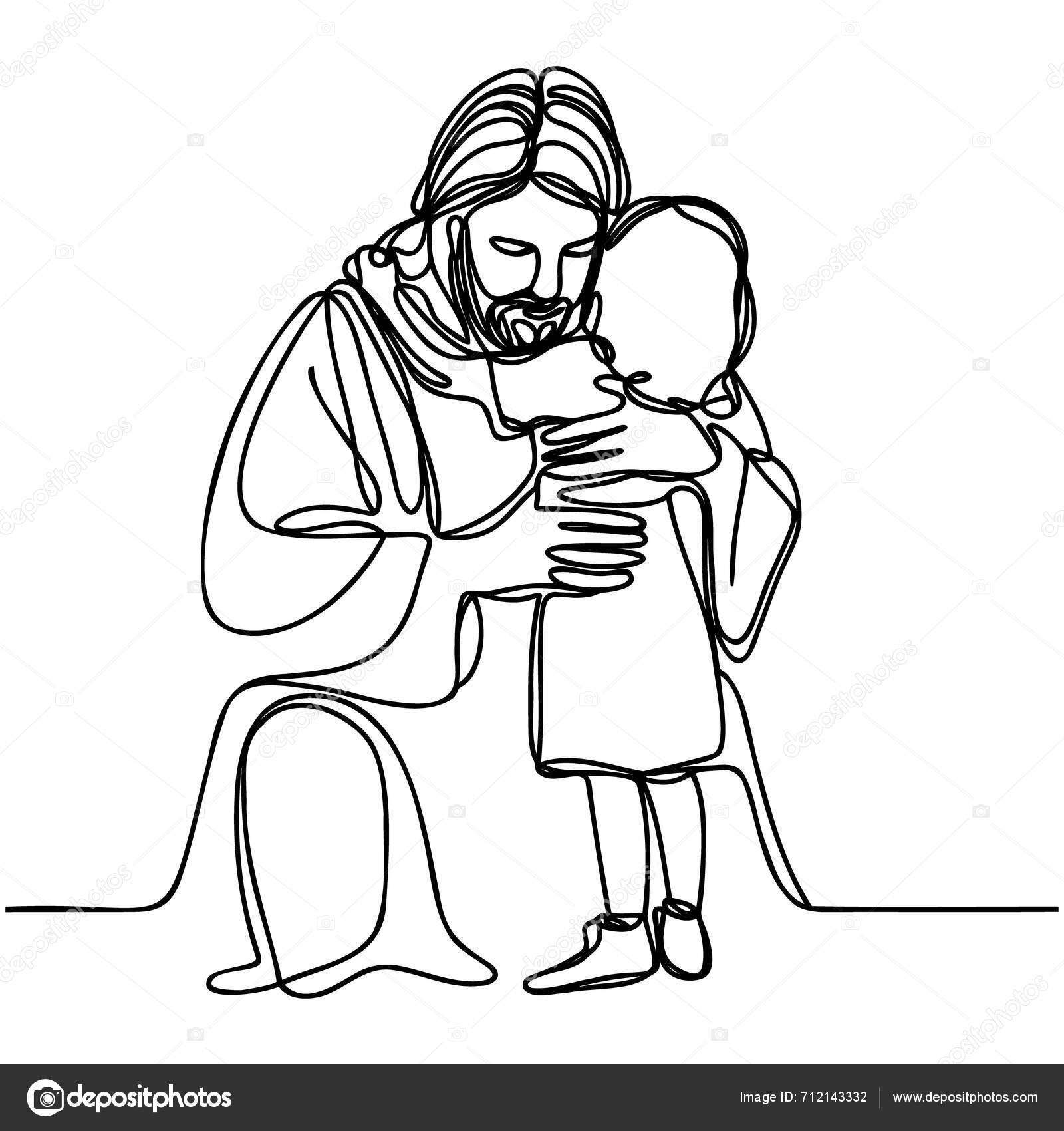 Folyamatos Egy Vonal Rajz Jézus Krisztusról Amint Megölel Egy Gyermeket ...