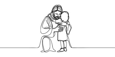 Sürekli olarak İsa 'nın bir çocuğa sarıldığının çizimi. Vektör illüstrasyonu.