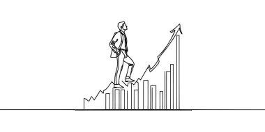 Sürekli tek çizgi çizimi. İşadamı kaleye giden merdivenleri çıkıyor. İş vektörü illüstrasyon kavramı merdiven tırmanma çizgisi