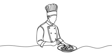 Bir şef tabağa sos koyar ve süsleme yapar. Sürekli bir çizgi çiziyor. Vektör illüstrasyonu.