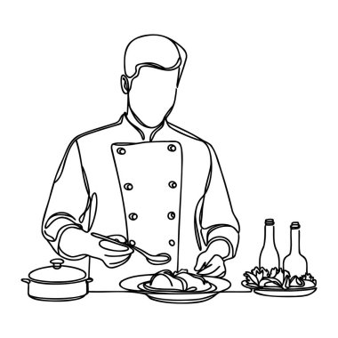 Bir şef tabağa sos koyar ve süsleme yapar. Sürekli bir çizgi çiziyor. Vektör illüstrasyonu.