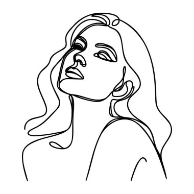 Kadın soyut yüzü, bir çizgi çizimi. El çizimi taslak çizimi. Devamlı bir çizgi. Vektör illüstrasyonu.