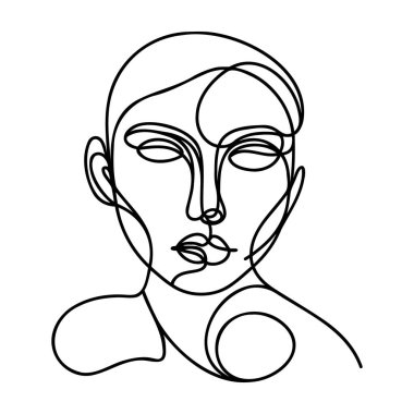 Kadın soyut yüzü, bir çizgi çizimi. El çizimi taslak çizimi. Devamlı bir çizgi. Vektör illüstrasyonu.
