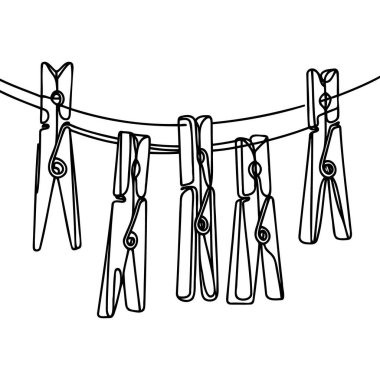 Çengelli iğneler sürekli bir çizgi olarak çizilmiş bir ipte asılı..