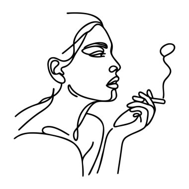 Ağzında sigara olan bir kadın beyaz izole arka planda bir çizgi çiziyor..