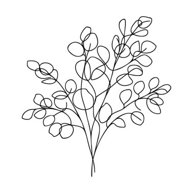 Okaliptüs dalı sürekli bir çizgi çiziyor. Soyut doğa minimalist posteri. Vektör illüstrasyonu
