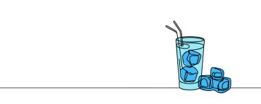 Bir bardak buzlu su, içmek için pipetli eski bir içecek. Sürekli bir çizgi çiziyor. Vektör illüstrasyonu.