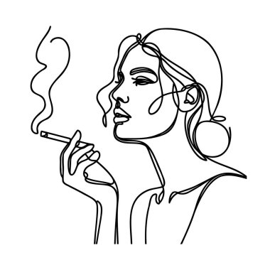 Ağzında sigara olan bir kadın beyaz izole arka planda bir çizgi çiziyor..