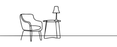 İçinde bitki bulunan bir vazo ve bir sandalye ve bir masa çizimi devam ediyor. Basit bir doğrusal tarzda İskandinav tarzı mobilyalar. Vektör illüstrasyonu.