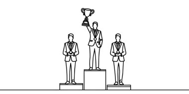 Takım elbiseli genç bir işadamının tek eliyle podyumda altın bir kupayı kaldırdığı bir çizgi.