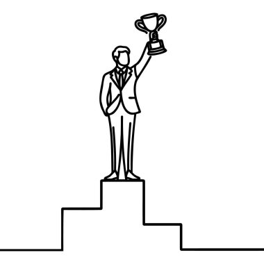 Takım elbiseli genç bir işadamının tek eliyle podyumda altın bir kupayı kaldırdığı bir çizgi.