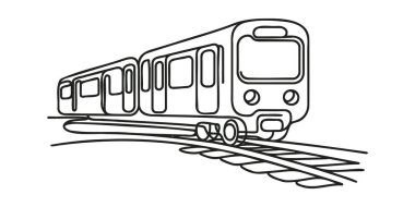 Bir demiryolu hattının kesintisiz çizgili vektör çizimi. Bir sıra tren.