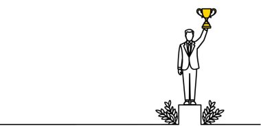 Takım elbiseli genç bir işadamının tek eliyle podyumda altın bir kupayı kaldırdığı bir çizgi.