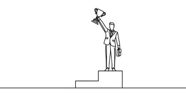 Takım elbiseli genç bir işadamının tek eliyle podyumda altın bir kupayı kaldırdığı bir çizgi.