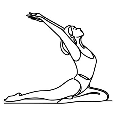 Devamlı çizgi sanatı ya da kollarını açan bir kadının tek çizgi çizimi rahatlatıcı bir resimdir. vektör illüstrasyonu