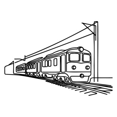 Bir demiryolu hattının kesintisiz çizgili vektör çizimi. Bir sıra tren.