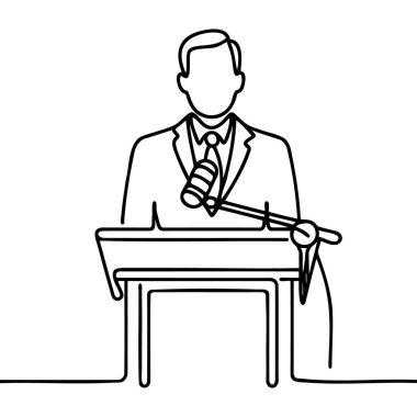 Podyumun arkasında takım elbiseli bir adam, kürsüde aralıksız bir konuşma.