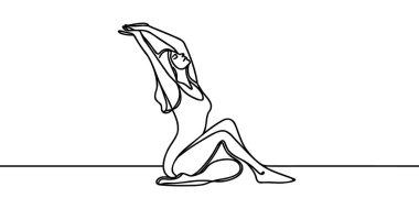 Devamlı çizgi sanatı ya da kollarını açan bir kadının tek çizgi çizimi rahatlatıcı bir resimdir. vektör illüstrasyonu