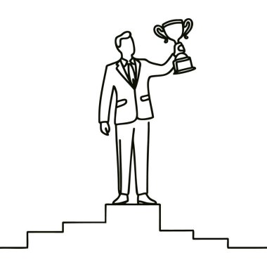 Takım elbiseli genç bir işadamının tek eliyle podyumda altın bir kupayı kaldırdığı bir çizgi.