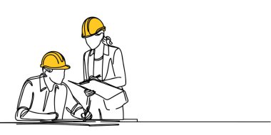 Fabrikadaki bir işadamı ve iş kadınının sürekli çizimi, kask takan iki profesyonel insan, çalışıyor. Vektör illüstrasyonu.