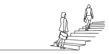 İş ve eğitim kavramı. Merdivenleri tırmanan kadın durmadan bir çizgi çiziyor.