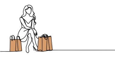 Alışveriş yaptıktan sonra elinde kese kâğıdı olan bir kadının sürekli çizimi.