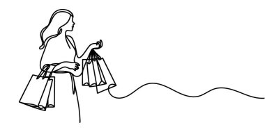 Alışveriş yaptıktan sonra elinde kese kâğıdı olan bir kadının sürekli çizimi.