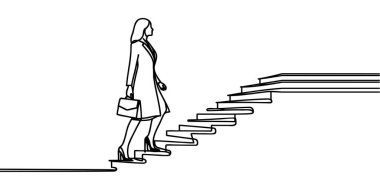 İş ve eğitim kavramı. Merdivenleri tırmanan kadın durmadan bir çizgi çiziyor.