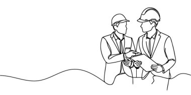 Projeden bahseden iki erkek mimarın, mühendislerin veya müteahhitlerin bir çizgisi.