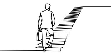 Sürekli bir çizgi çiziyor. Hedefe ulaş. İş adamı hedefe giden merdivenleri çıkıyor. İş vektörü illüstrasyonunu kavra.