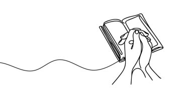 Açık bir İncil 'in aralıksız tek satırlık çizimleri ve iki el dua pozisyonunda birbirine kenetlenmiş.