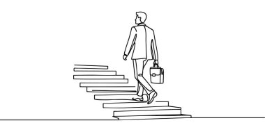 Sürekli bir çizgi çiziyor. Hedefe ulaş. İş adamı hedefe giden merdivenleri çıkıyor. İş vektörü illüstrasyonunu kavra.