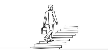 Sürekli bir çizgi çiziyor. Hedefe ulaş. İş adamı hedefe giden merdivenleri çıkıyor. İş vektörü illüstrasyonunu kavra.