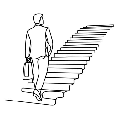 Sürekli bir çizgi çiziyor. Hedefe ulaş. İş adamı hedefe giden merdivenleri çıkıyor. İş vektörü illüstrasyonunu kavra.