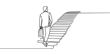 Sürekli bir çizgi çiziyor. Hedefe ulaş. İş adamı hedefe giden merdivenleri çıkıyor. İş vektörü illüstrasyonunu kavra.