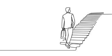 Sürekli bir çizgi çiziyor. Hedefe ulaş. İş adamı hedefe giden merdivenleri çıkıyor. İş vektörü illüstrasyonunu kavra.