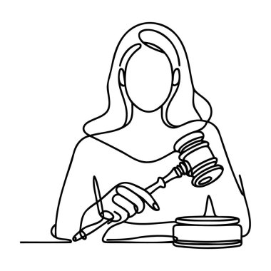 Siyah ve beyaz arka planda çekiç yargıcının kesintisiz çizimi