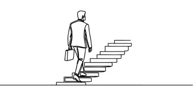 Sürekli bir çizgi çiziyor. Hedefe ulaş. İş adamı hedefe giden merdivenleri çıkıyor. İş vektörü illüstrasyonunu kavra.