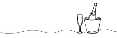 Şampanya şişesi, şarap kovası, alkol ve bardak. Beyaz arkaplanda bir satır çizimi.