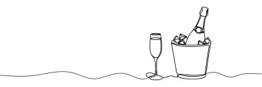 Şampanya şişesi, şarap kovası, alkol ve bardak. Beyaz arkaplanda bir satır çizimi.
