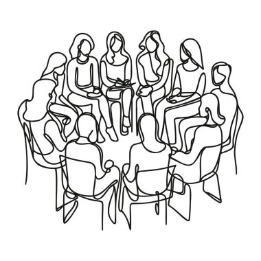 Bir grup insan bir tartışma ya da toplantı için bir çizgi halinde oturuyorlar. Vektör illüstrasyonu.