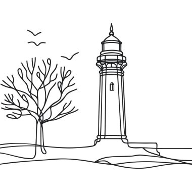Beyaz arkaplanda izole edilmiş deniz feneri simgesinin sürekli basit çizgi çizimi